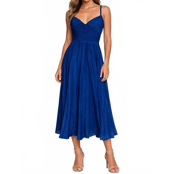 NEW MAC DUGGAL pleated midi dress in cobalt